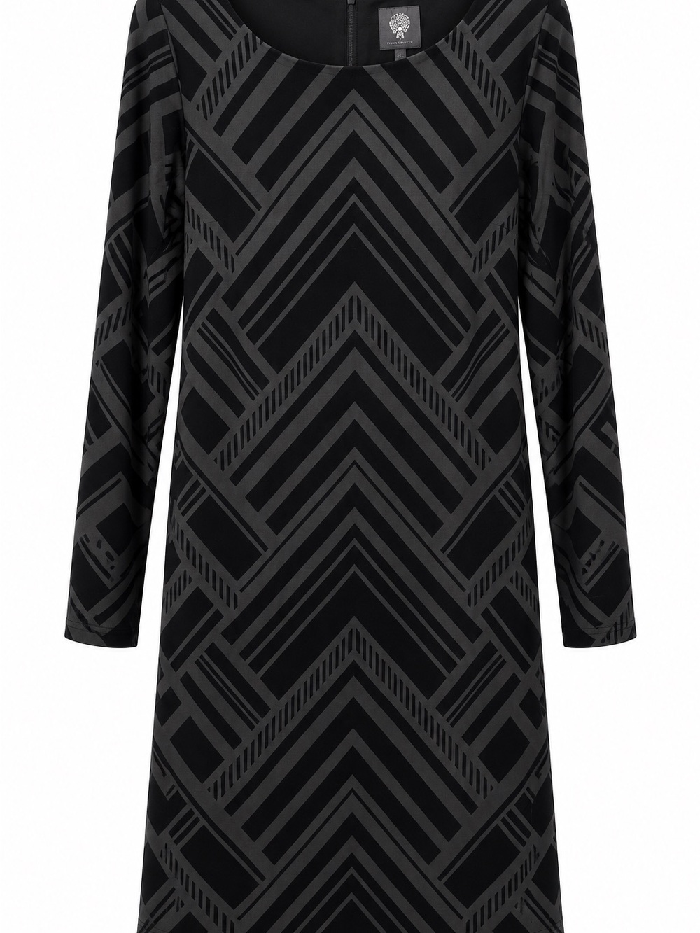 Vince Camuto Black and Charcoal Chevron-Print Long Sleeve Shift Dress